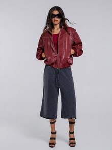 TypaGal Winter Fall Modern Chic New Year Party Retro Elegant Sexy Street Minimalist Red Loose Fit Turn-Down Collar Solid Color Zipper-Up Casual Long Sleeve PU Leather Pocket Jacket In Fall/Winter - Red - View 5