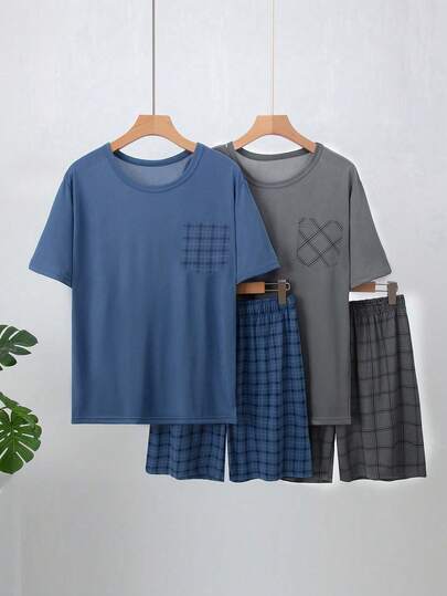 4pcs Men's Summer Lightweight Pajama Set, Short Sleeve Top And Shorts, Men's Short Sleeve Casual Loungewear Set