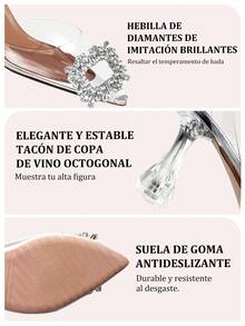 GlamourGrip Zapatillas de tacón elegantes con diamantes de imitación, tacones altos tipo slingback con diseño peep toe y tacón escultural, zapatos cómodos de mujer para fiesta o diario, tacones elegantes combinables con vestidos y ropa formal para citas, trabajo, vacaciones, Halloween y Navidad - transparente - Ver 5