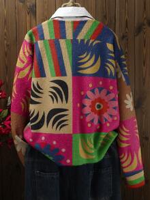 Plus Size Women Vintage Colorblock Floral & Leaf Print Long Sleeve Casual Knit Cardigan