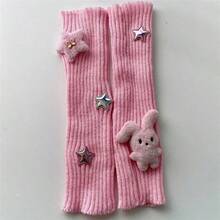 1 Pair Rabbit Star Knitted Pile Socks Cute Fold Ears Rabbit Striped Knitted Sleeves Y2k Millennium Style Sleeves - 粉紅色兔子星星款 - 查看 7