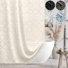 1 件波西米亚白色编织面料浴帘，带流苏，72 英寸 X 72 英寸，现代农舍简约风格，毛绒雪佛龙复古纹理，浴室防水窗帘，酒店装饰房间装饰浴室配件 - 彩色 - 查看 3
