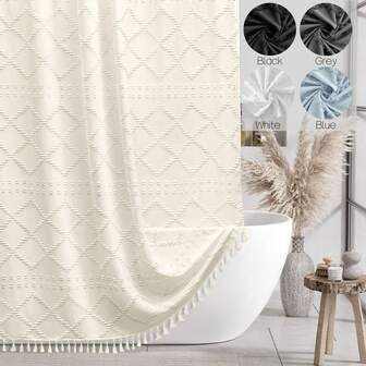 1 件波西米亚白色编织面料浴帘，带流苏，72 英寸 X 72 英寸，现代农舍简约风格，毛绒雪佛龙复古纹理，浴室防水窗帘，酒店装饰房间装饰浴室配件