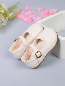 1双女童休闲蕾丝装饰平底鞋，舒适时尚的日常穿脱鞋 - 米色 - 查看 4