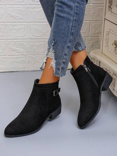 Women's Ankle Boots, New Autumn/Winter Thick Heel Ankle Boots, Plus Size Suede Pointed Toe Buckle Strap Square Heel Boots