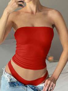 Vaiaye 女士无缝无肩带纯色弹力修身吊带背心，时尚无肩带基础款背心，适合春夏休闲穿着 - 紅色 - 查看 11