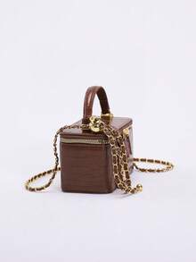 1pc High-End Coffee Crocodile Embossed Zipper Small Square Bag, Fashionable PU Quilted Diamond Stitching Box Bag, Versatile Zipper Small Square Bag, Women's Handbag With Chain Shoulder Strap - Coffee - View 5