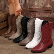 Women's Embroidered Western Cowboy Boots – Mid-Calf Pointed Toe Cowgirl Boots For Fall Winter, Chic Country & Casual Booties - 深棕色 - 查看 2