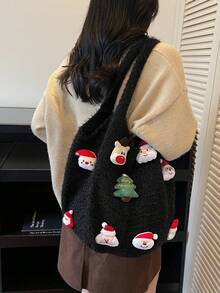 1pc, Versatile Fashion , High-Value Niche Design, Hand Bill Of Lading Shoulder Tote Bag, Contrast Knitted Fabric, Multi-Color Optional Large-Capacity Fan-Shaped Bag For Santa Claus Christmas Tree Deer Decoration, Suitable For Ladies' Daily Commuting And Shopping Occasions.