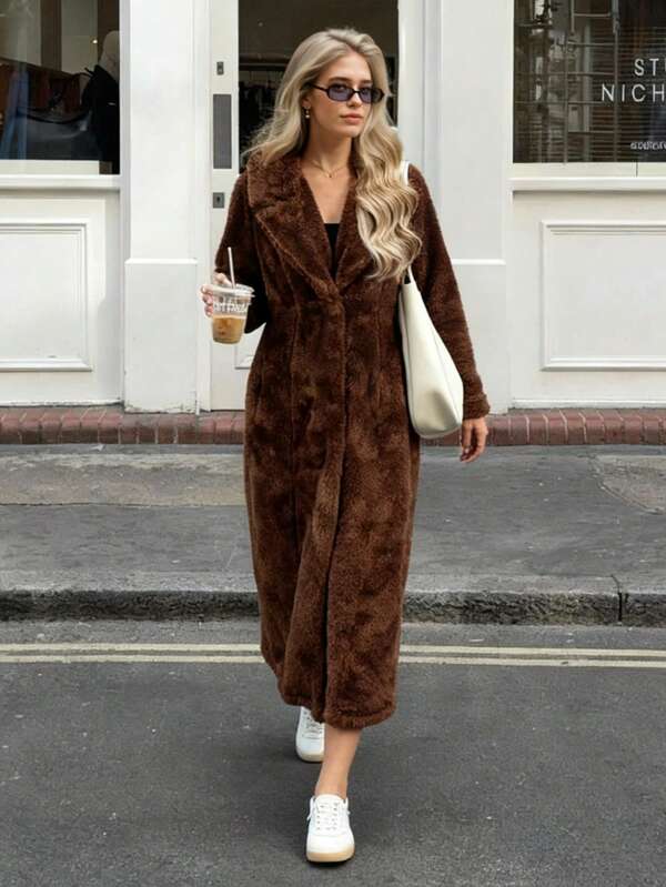 Women's Elegant Turndown Collar Long Sleeve Long Cardigan, Waist Cinched, Suitable For Commute, Holiday, And Everyday Wear, Thermal Lined, Regular Fit