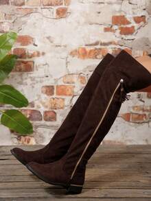 Women's 2025 Autumn/Winter New Tall Boots, Side Zipper Flat Boots With Metal Trim Thick Sole, Increased Height Stretch Faux Suede Shaft Expandable Tall Boots For Women - Coffee Brown - View 1