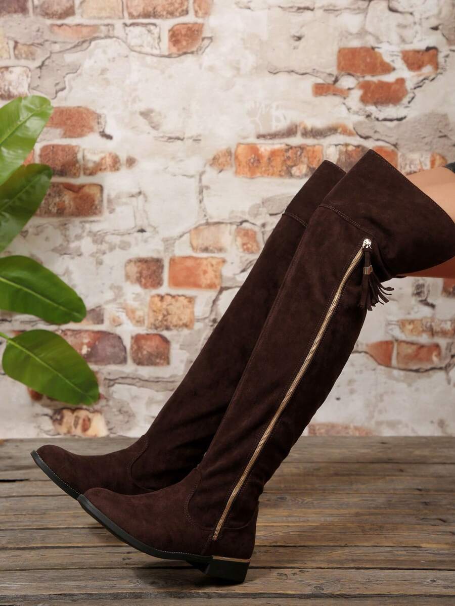 Women's 2025 Autumn/Winter New Tall Boots, Side Zipper Flat Boots With Metal Trim Thick Sole, Increased Height Stretch Faux Suede Shaft Expandable Tall Boots For Women - Coffee Brown - View 1