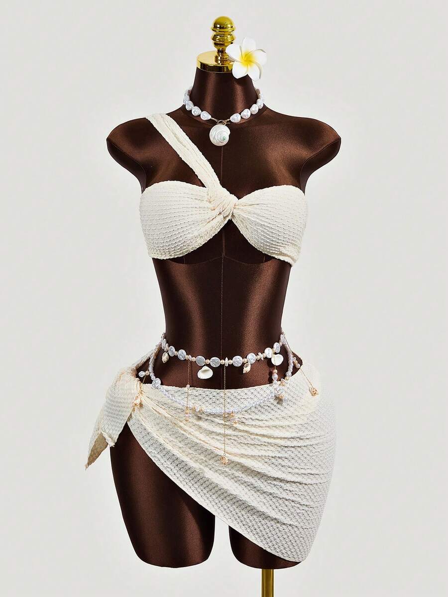 Zestiva Women's Solid Color Strapless Bikini Top & Bottom Swimwear Set Summer - Apricot - View 1