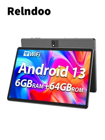 Relndoo Tablet 10 Inch Android Tablets, Android 13 Tablet, 6GB RAM+64GB ROM Quad Core Processor Tablet Computer, 1280*800px HD Touchscreen, 6000mAh High-Capacity Battery, 802.11n Wifi6 2.4g, 2MP+8MP Dual Camera, Support 512GB SD Expansion (No Adapter)