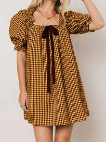 Puff Sleeve Babydoll Mini Dress Square Neck Floral Bubble Sleeve Short Dress Womens Cute Polka Pot Micro Dresses Y2k - Yellow - View 3