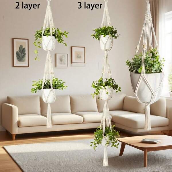 1 paquete, Macramé colgante de plantas de 3 niveles para interior y exterior con cesta colgante y cuentas de 70 pulgadas, macetas creativas, súper hermosas macetas para flores, decoración del hogar para interior y exterior, jardín y patio