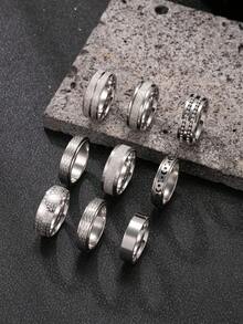 9pcs Fashionable Stainless Steel Men's Silver Ring Set, Includes Star, Moon, Copper Coin, Matte, Snake Skin Textured Elements
