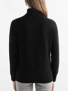 女士高领长袖毛衣，保暖柔软针织套头衫，适合秋冬季休闲穿着，黑色 - 黑色 - 查看 2