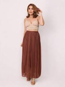 Saia Longa Feminina Elegante Tule Plissado com Forro Cintura Alta Look Festa Noite - Marrom - Visão 1
