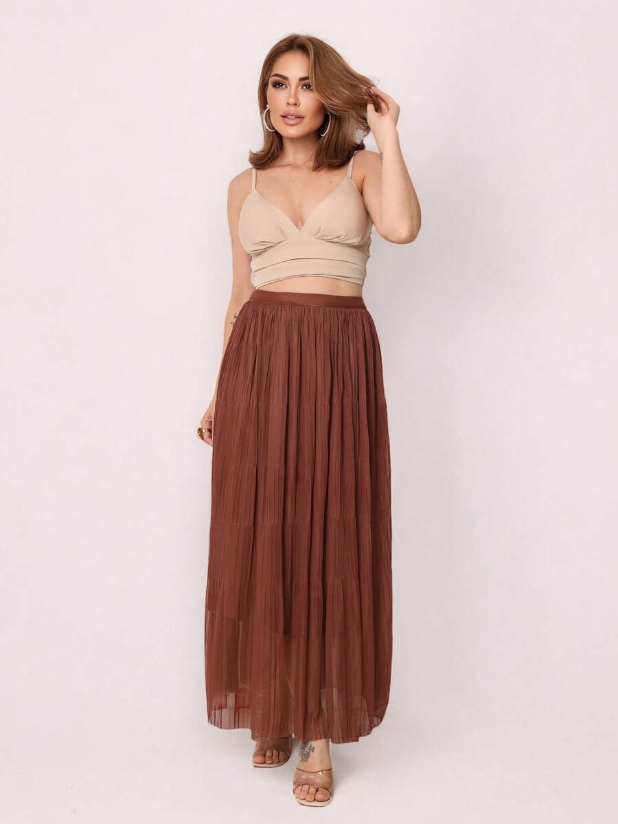 Saia Longa Feminina Elegante Tule Plissado com Forro Cintura Alta Look Festa Noite - Marrom - Visão 1