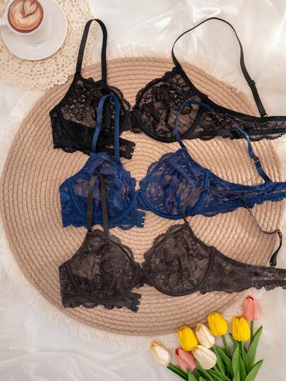 3pcs Women's Solid Color Lace Thin Cup Underwire Comfortable Bras