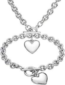 Silver 18k Gold Gold Plated Charm Chunky Stainless Steel Chain Heart Toggle Choker Bracelet Necklace Set Womens Fashion Valentine Jewelry Set - 不銹鋼 - 查看 5