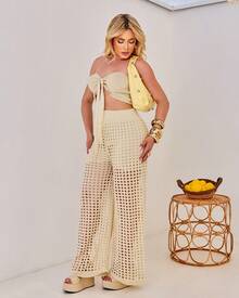 Women's Crochet Knit Set, Pants And Cropped Premium - Rượu sâm banh - Xem 4