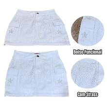 Saia Cargo Feminina com Brilho de Strass Estrela - Branco - Visão 7