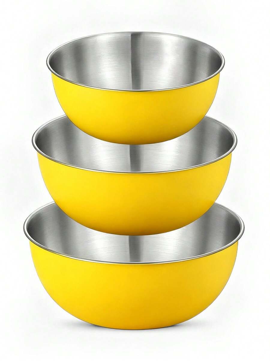 Powcan Juego de tazones de acero inoxidable para mezclar, 3 piezas encajables para cocinar, hornear, preparar ensaladas y preparar comidas | Diseño apilable, fácil de limpiar, duradero y versátil para la cocina. - Conjunto de 3 piezas amarillo - Ver 1