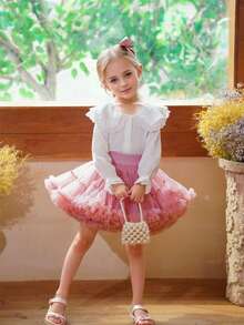 New Young Girl Tutu Skirt, Full Mesh Wide Waist Ballerina Princess Cake Puff Skirt, Light Pink - Dusty Pink - View 2