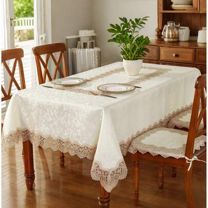 1件装，100%涤纶面料，饰有精致水溶性蕾丝花边，欧式风格桌布，适用于厨房、餐桌、书桌、会议桌、长方形、正方形、圆形桌子、电视柜、咖啡桌、餐垫、家居装饰、节日装饰、生日派对、别墅晚宴、户外野餐垫、四季皆宜、派对和婚礼房间装饰、花园、家庭聚会、派对婚礼装饰，多种尺寸可选