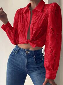 Vaiaye Women's Embroidered Solid Color Lace-Up Long Sleeve Top, Suitable For Valentine's Day, Everyday Wear, Travel, Mother's Day, Birthday And Party Occasions - Red - View 10