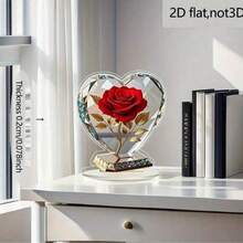 1/2 Peças Decoração de Figurinha de Acrílico em Forma de Coração no Estilo Boêmio, Adornada com Rosa Vermelha e Detalhes Dourados, Decoração de Mesa Elegante para Casa ou Escritório, Presente de Feriado, 2D