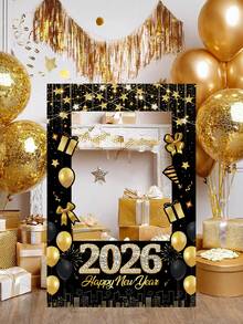 1 قطعة إطار صور ورقي أسود وذهبي لعام 2026 الجديد، ديكورات رأس السنة الجديدة مع البالونات والهدايا والألعاب النارية والنجوم، لوازم احتفالات رأس السنة الجديدة، لوازم ديكور ليلة رأس السنة الجديدة، أكسسوارات صور حفلة العطلات