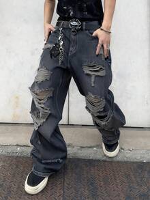 1 chiếc quần jeans ống rộng rách rưới dành cho nam, kiểu dáng vintage Mỹ, phong cách đường phố, dáng rộng thoải mái (Sản phẩm không bao gồm thắt lưng và phụ kiện) - Màu xanh bụi bặm - Xem 3