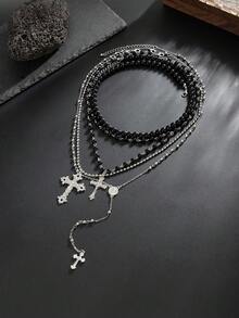 4pcs Vintage Punk Style Metal Cross Pendant Y-Necklace, Men's Hip Hop Fashion Faux Pearl Beaded Multi Layer Necklace Set