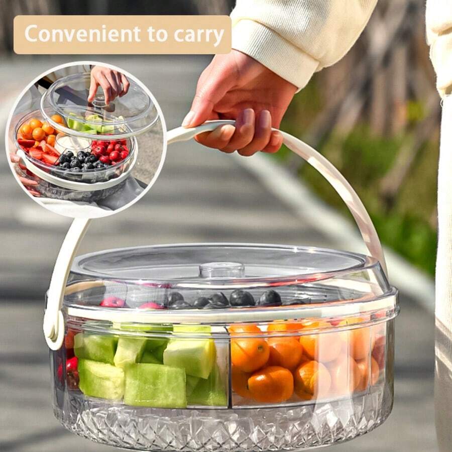 1 pieza Caja de almacenamiento hermética transparente de 6 compartimentos para frutas y aperitivos para la cocina/comedor, fácil de limpiar, diseño con asa portátil, adecuada para picnic, camping, fiestas
