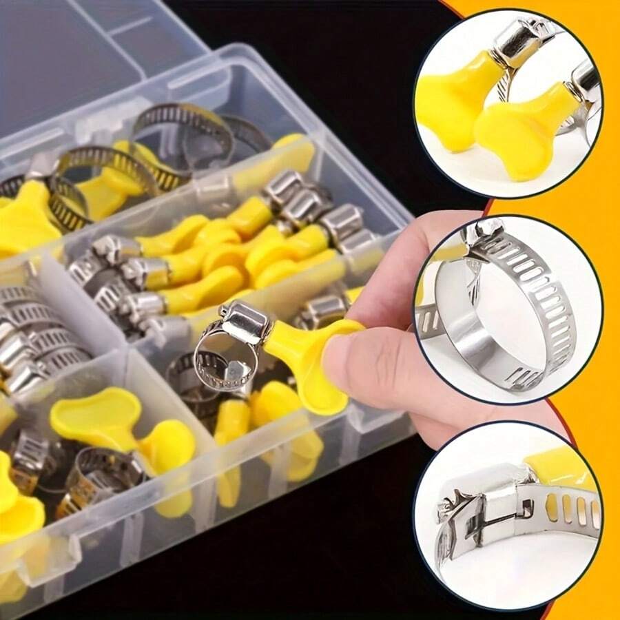 30pcs Adjustable Hose Clamp Set - Durable Plastic And Metal Structure, 8-29mm (0.31-1.16 Inch) Adjustable Clamps For Securing Hoses, Pipes And Fittings, Stylish Metal Appearance, Sturdy Construction - Yellow Handle - View 1