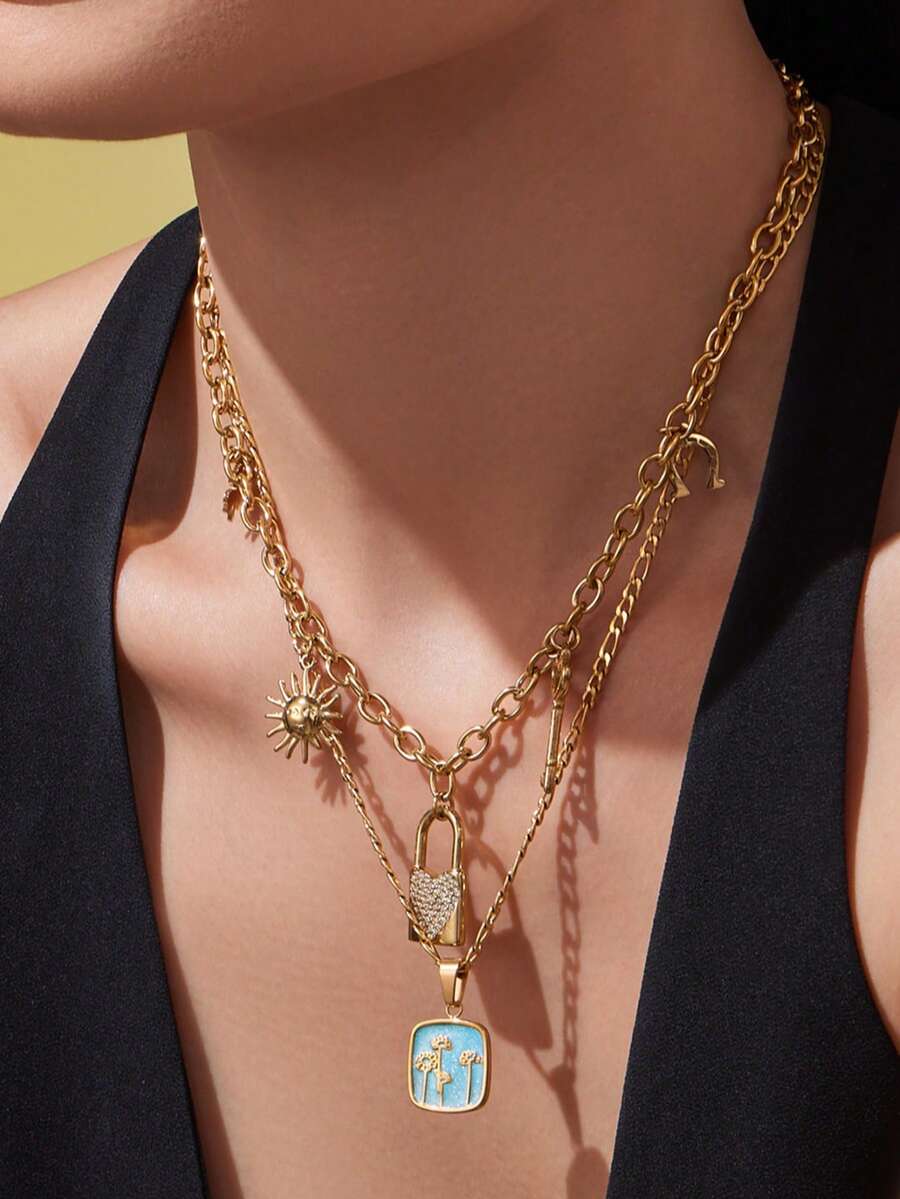 1 pezzo Collana con ciondolo a forma di cuore con zirconia, set di collane con ciondoli a goccia, placcato in oro 18K in acciaio inossidabile