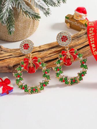 1 对圣诞主题彩色珐琅水钻圣诞树吊坠耳环，水钻圣诞花环和铃铛形夸张耳环，时尚百搭，是送给家人和朋友的完美礼物，适合日常佩戴、聚会、露营