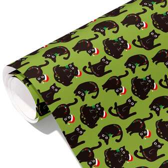 1 Roll Christmas Wrapping Paper | Green Background With Santa Hat Christmas Tree Black Cat Design - Suitable For Gift Wrapping, Holiday Decorations, Party Atmosphere Creation, And Themed Events - 43cm * 300m (17in * 9.8ft), Christmas Wrapping Accessories, Vintage Christmas Paper, Wrapping Paper For Gifts