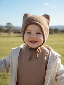 1pc Baby/Toddler Girls' Coffee Color Warm Knit Hat, Infant Winter Earflap Hat, Minimalist Design, Autumn/Winter