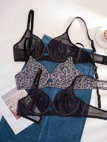 3pcs Women Plus Size Solid Color, Strawberry & Leopard Print Padded Bras