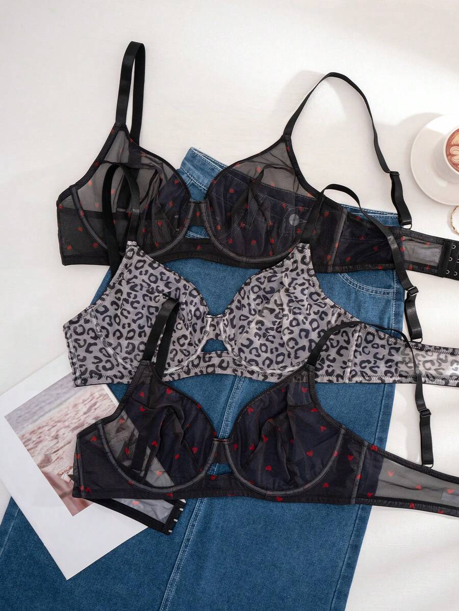 3pcs Women Plus Size Solid Color, Strawberry & Leopard Print Padded Bras - Multicolor - View 1