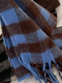 New Plaid Scarf For Women, Thick & Warm, Versatile, Korean Style, Suitable For Students & Couples, Autumn/Winter For Dress - Royal Blue - View 4