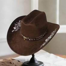 Women Men Embroidery Cowgirl Hat Wide Brim Cattle Head Belted Wool Hat Felt Jazz Cap For Party - Cà phê nâu - Xem 4