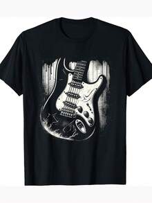 Men's Vintage Rock Music T-Shirt - 100% Cotton Black Retro Electric Guitar Print With White  Stratocaster-Inspired Design, Casual Fit Short Sleeve Round Neck Tee For Concerts, Festivals & Casual Attire - Youth Fashion Music Lover Apparel - Mặc định - Xem 7