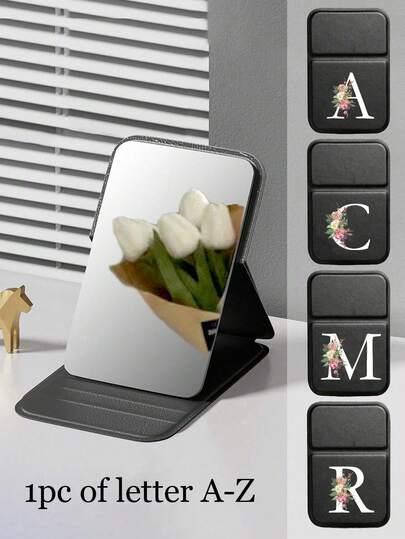 1 Stück Mini rosa Blume weiße Buchstaben faltbarer tragbarer Make-up Spiegel, Buchstaben von A-Z Make-up Spiegel mit Halterung, Reisespiegel, Schönheitsprodukte, Schreibtisch Make-up Spiegel, rechteckiger Schreibtisch Kompaktspiegel faltbar, minimalistischer Make-up Spiegel, tragbarer Make-up Spiegel als Geschenk für Frauen - das perfekte Geschenk für Mutter und Lehrerin