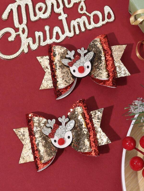 2 pièces Clips de nœud papillon de renne mignons pour Noël pour femmes, épingle à cheveux scintillante pailletée pour le cosplay de Noël et les fêtes du Nouvel An, accessoire de barrette à cheveux pour femmes, pince à cheveux