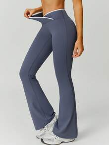 NcmRyu 1 Set Women's High Elasticity Contrast Color V-Neck Slim Waist Tank Top And Pants Sports Suit Summer - 霧霾藍 - 查看 6